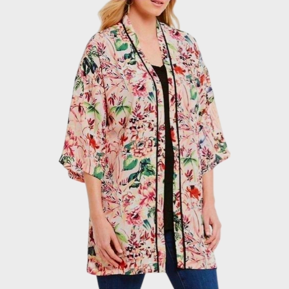 Bobeau Pink Flowy Floral Open Front Kimono Cardigan w/ Black Piping, XL